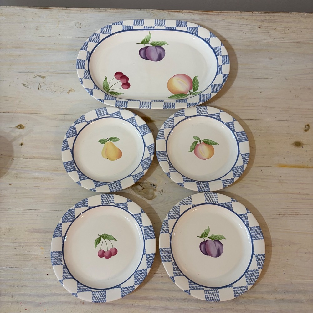 Pfaltzgraff Hopscotch Set 4 Salad Plates and Platter Blue Lattice USA Stoneware